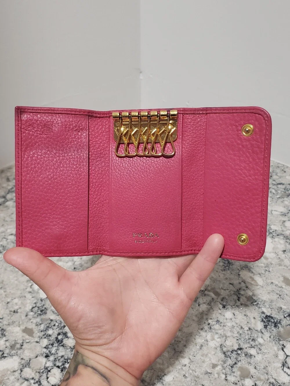 Prada Pink Pebbled Leather 6 Key Ring Card Case Holder